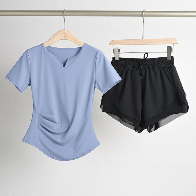 速乾透氣健身服套裝 夏日運動瑜伽服 女士收腰顯瘦V領短袖T恤