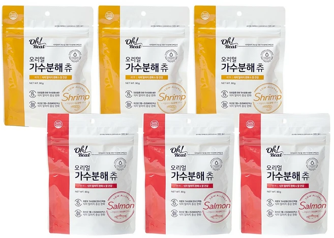 옵티펫 반려동물 오리얼 가수분해 츄 간식, 혼합맛(연어/새우), 90g, 3개 - 쿠팡