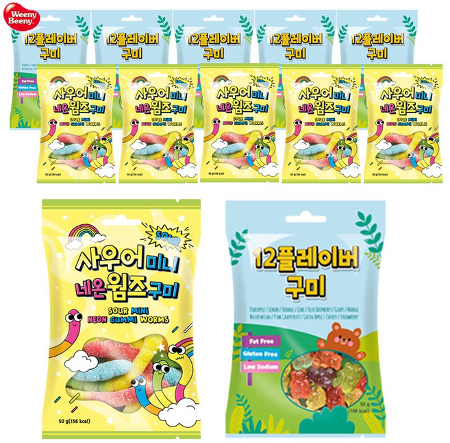 예이니식품 사우어 미니네온 웜즈젤리50g 6개+12플레이버 곰젤리50g 6개 (총12개) 위니비니사탕캔디, 50g