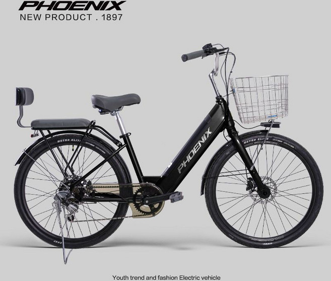 PHOENIX 電動腳踏車 26吋可拆卸鋰電池 電助力輔助 大車筐 油碟煞車, 1個, 26寸輻條輪-油碟-力矩版-玄武黑-亮配,48V15Ah
