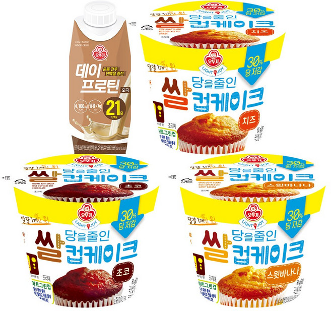 오뚜기 프로틴&저당 간식세트 (데이프로틴 오곡 250ml 18개 + LIGHT&JOY 당을 줄인 쌀컵케이크 각 3개씩(초코/스윗바나나/치즈))