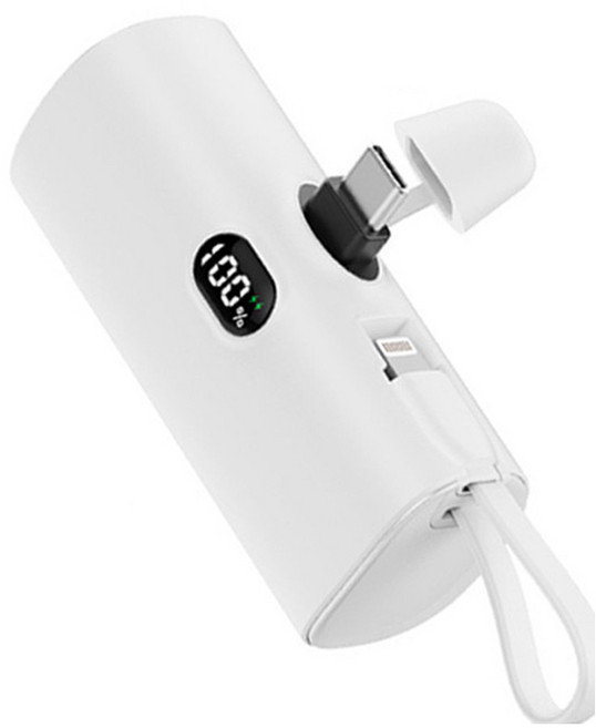 AIVK P60 直插式行動電源 閃充 數位顯示 迷你膠囊口袋電源 適用蘋果 安卓, 珍珠白, Type-C直插口+平果 自帶線