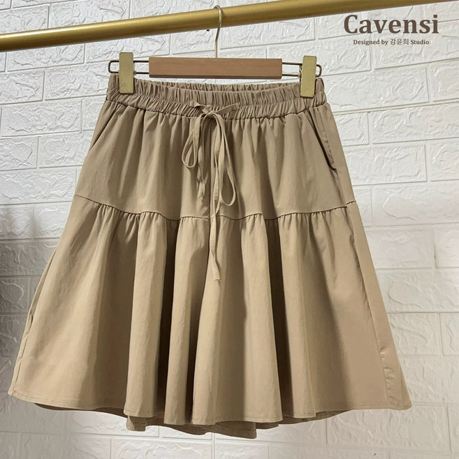 【Cavensi】大尺碼褲裙 鬆緊腰抽繩五分褲 A字裙短褲裙