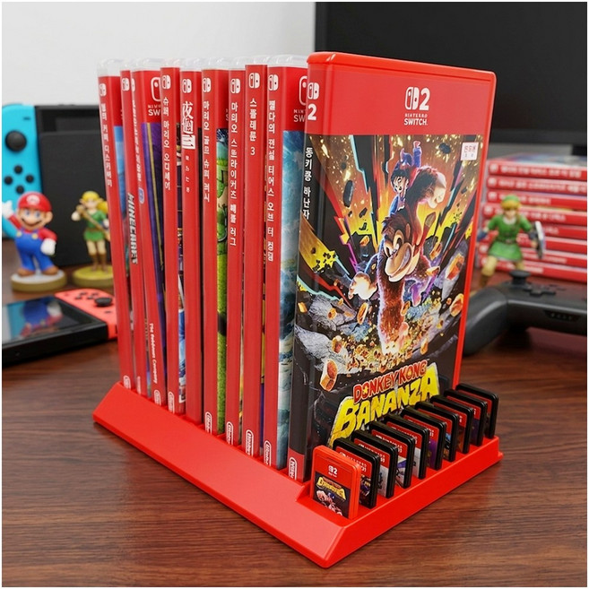 호환 2in1 닌텐도 스위치 게임팩 칩 타이틀 케이스 거치대 스탠드 진열장 카트리지 수납 꽂이 정리함 20장 보관 홀더 데스크테리어, 1개, 레드, n2470