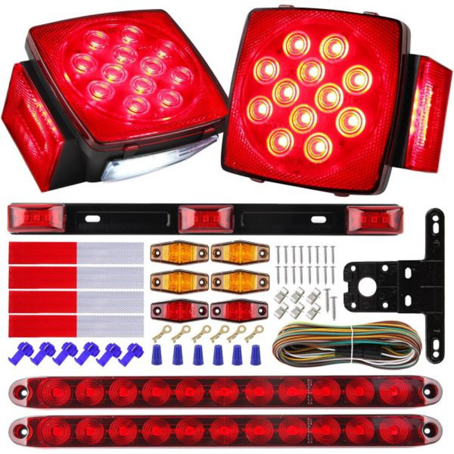 PARTSWCGG 12V LED 유틸리티 트레일러 조명 배선 키트 사각형 조합 스톱 라이선스 레드 앰버 마커 램프 3번째 브레이크 레드 클리어런스 ID 라이트 스트립 25피트