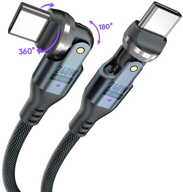 540도 회전 충전하면서 쓰는 C타입 회전 젠더 ㄱ자 단선방지 게임용 닌텐도 스위치 스마트폰 태블릿 꺾임 방지 충전 연장 커넥터, 1개, 메탈블랙, 1m