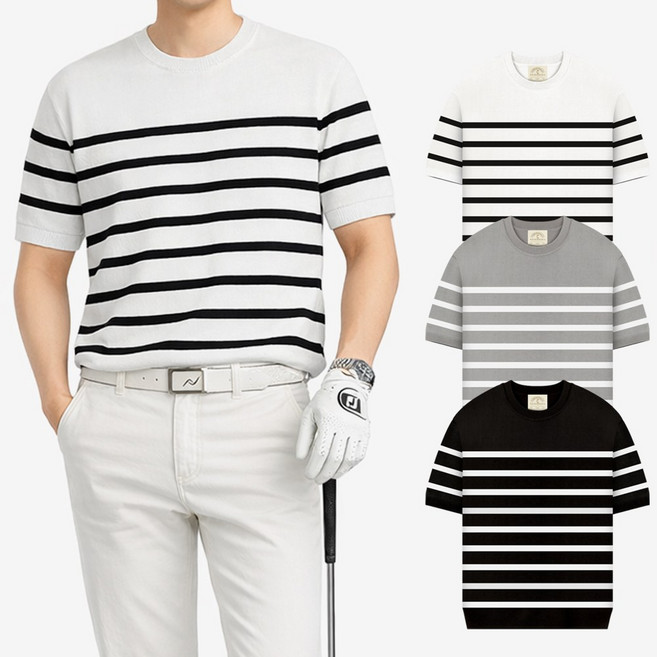 남성 골프 니트 반팔티 스트라이프 여름 니트티 남자 골프웨어 상의 골프복 티셔츠 빅사이즈