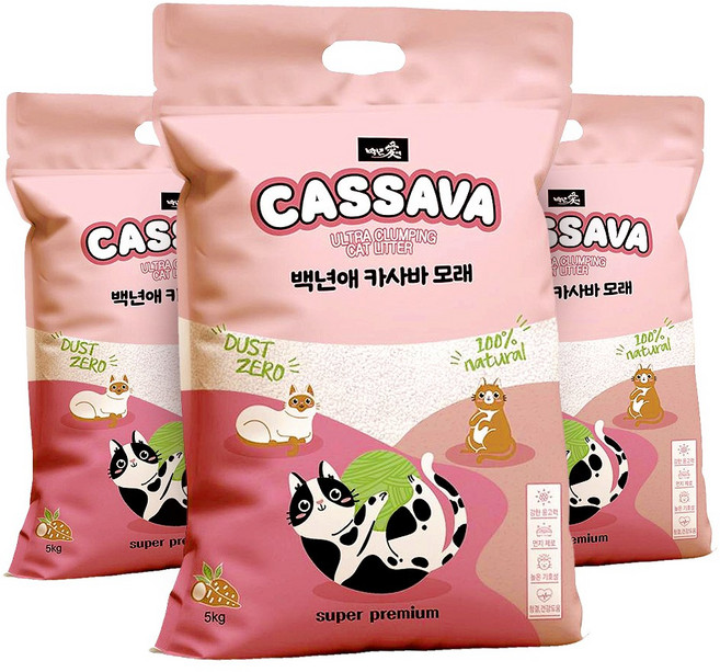 백년애 먼지없는 고양이 카사바 대용량 모래, 혼합입자, 3개, 5kg
