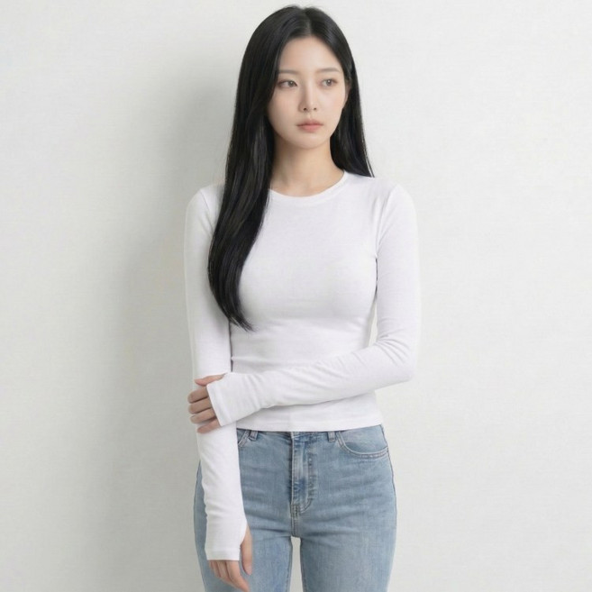DOSYDOSY 여성용 부드러운 스판 슬림핏 라운드넥 긴팔 티셔츠 핑거홀 워머