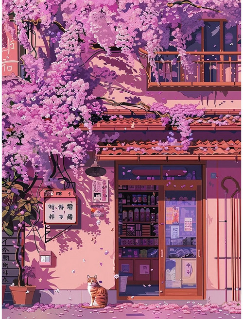 봄날 풍경화 조각퍼즐 등나무꽃 편의점 고양이 북유럽 감성 컬렉션 그림퍼즐 300 500 700 1000피스 액자없음, 300피스(퍼즐유액없음), 봄날의 길모퉁이 구멍가게 풍경화 퍼즐5, 1개