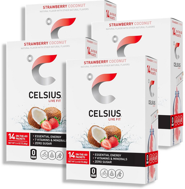 Celsius 셀시어스 온더고 에너지 파우더 무설탕 스트로베리 코코넛 14스틱, 4개, 14회분