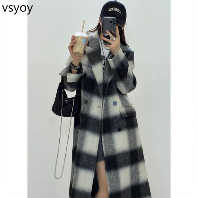 vsyoy 가을 코트 고급 양모 플레이드 올 매치 양면 양면 가을과 겨울 폭발 양모 코트 어깨 가을 여성