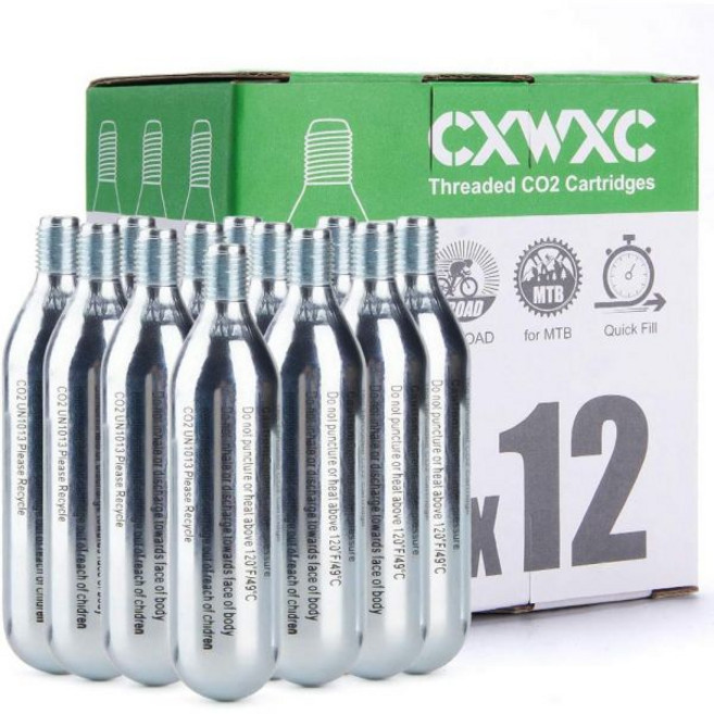 CXWXC 16g / 25g 나사형 CO2 카트리지 또는 인플레이터 자전거 타이어용 연결이 있는 인플레이터용 카트리지 도로 및 산악 자전거용 펌, 16g x 12 팩