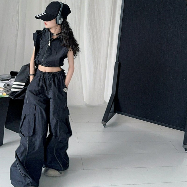 아짱 키즈 주니어 여아 초등학생 크롭 배꼽티 나시 후드집업 방송대스복 힙합 와이드 팬츠세트