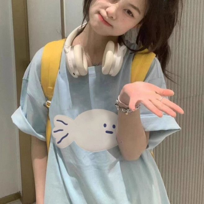 해피유통 여성 귀여운 캐릭터 프린트 루즈핏 반팔 티셔츠 트렌디한 캐주얼디자인14세 이상