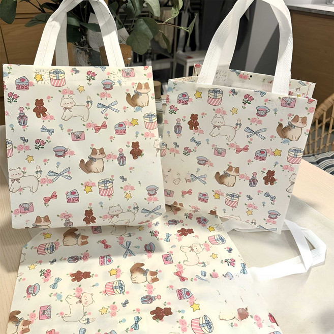 리유저블 방수 부직포 쇼핑백 큐티 KT 캣 부직포 쇼핑백, 얼룩 고양이 44*33*18CM, 10개