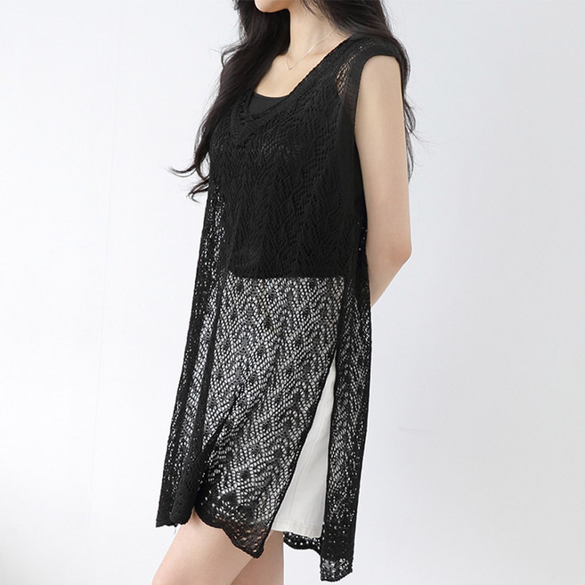 제니트 여성 롱 조끼 옆트임 펀칭 시스루 브이넥 니트 레이어드 뷔스티에