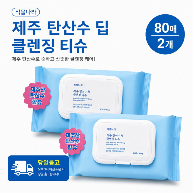 식물나라 제주탄산수 퀵앤딥 클렌징티슈 100매, 80매입, 2개