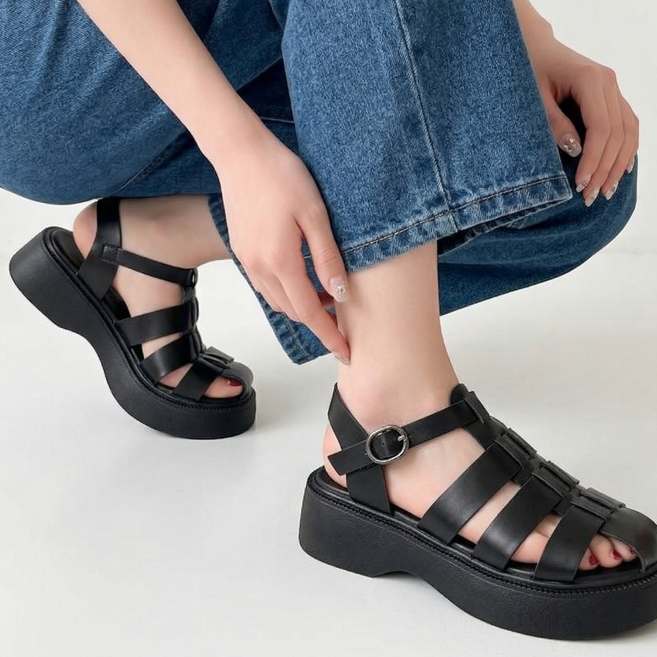 여자 여름 키높이 통굽 샌들 5cm 신발 슈즈 발편한 가죽 샌들 여성 쿠션