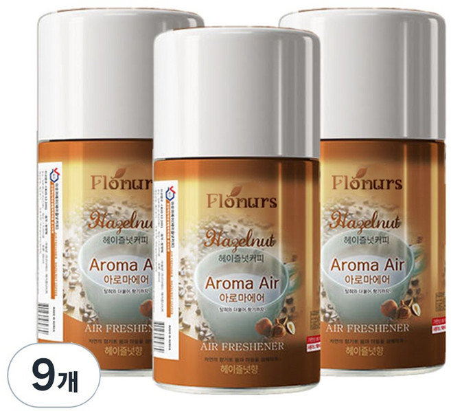 플로너스 아로마에어 실내용 방향제 헤이즐넛 커피 리필, 280ml, 9개