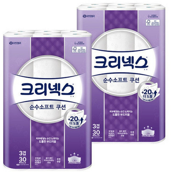 크리넥스 3겹 순수소프트 쿠션 25M 30개입 2개