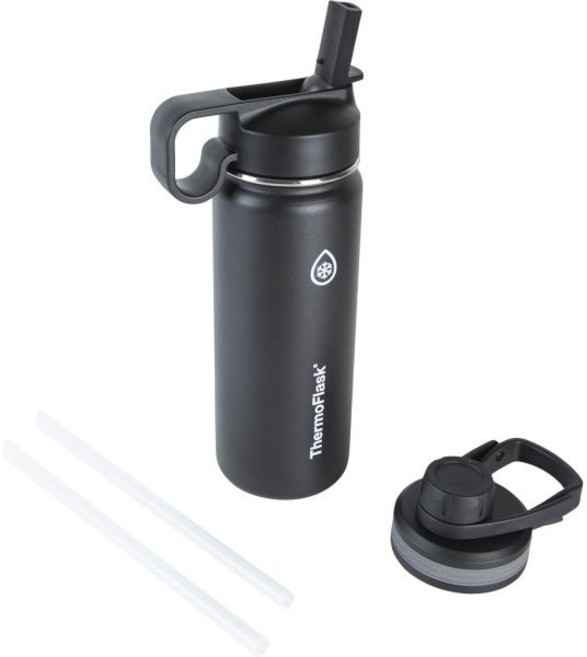 ThermoFlask 18온스 이중 벽 진공 단열 스테인리스 스틸 물병 - 누수 방지 처그 및 빨대 뚜껑과 함께 재사용 가능 음료를 24시간/뜨거운 12시간 동안 차갑게 유지, Black, 18 Ounces
