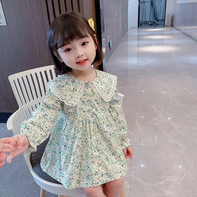 萱寶媽咪baby童裝館 限量 韓版女童春秋薄款碎花洋裝 長袖連身裙 秋冬保暖裙子 滿版印花連身裙 日系連身童裝 氣質洋裝 童裝
