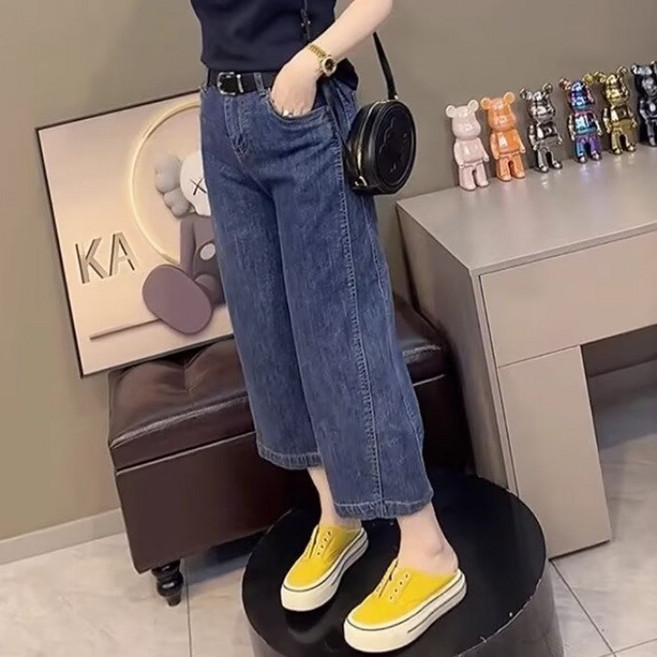 쁘띠꼬모 여성 와이드 8부 청바지 일자핏 심플 캐주얼 데일리룩 편안한 데님 팬츠 GX1020214