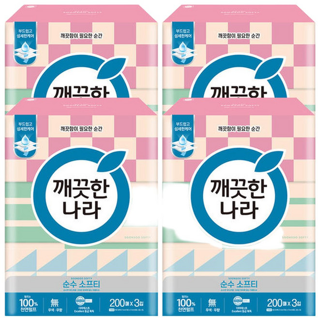 깨끗한나라 순수 소프티 미용티슈 200매 3개입 4팩, 12박스