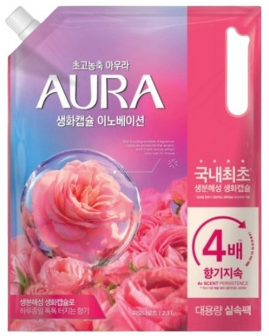 AURA 생화캡슐 이노베이션 섬유유연제 피오니로즈향 리필, 2.3L, 4개