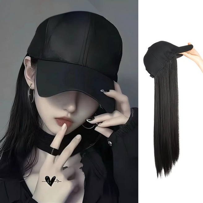 베이지 알파벳 자수 야구모자 가발 - 얼굴 작아 보이는 일체형 패션 가발, 1개, 블랙