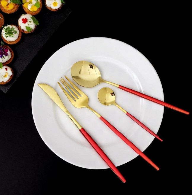 테이블앤 6인 커트러리 세트(24p), 1개, 나이프(6개)+포크(6개)+스푼(6개)+티스푼(6개), 골드 레드
