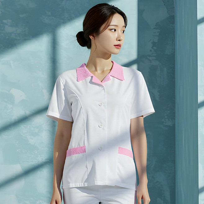 여성용 반팔 핑크체크 쿨스판 셔츠형 위생복