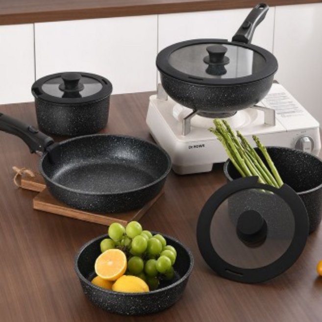 미츠키 인덕션용 후라이팬 냄비 세트 탈부착식 손잡이, 1개, 5종, 블랙