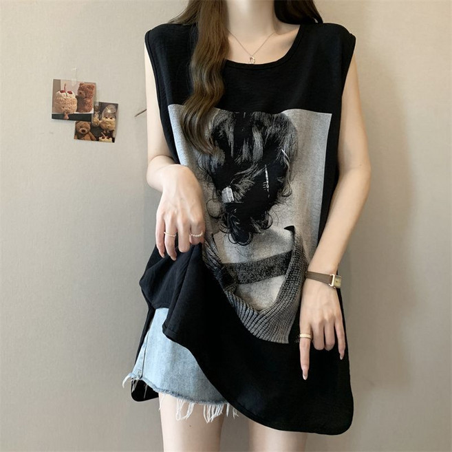 대형 사이즈 여성복 2025 여름 루즈핏 뱃살 커버 민소매 미디엄 기장 티셔츠