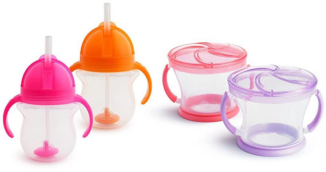 Munchkin Happy Snacker 유아용 컵 및 스낵 용기 - 198.4g(7온스) 모든 각도 가중 빨대 트레이너 컵 및 255.1g(9온스) 스낵 캐처 퍼플/핑크, Purple/Pink