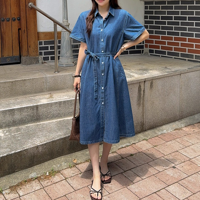 데일리앤 리츠 루즈핏 벨트 A라인 썸머 청 반팔 셔츠 롱 원피스 임부복 55 66