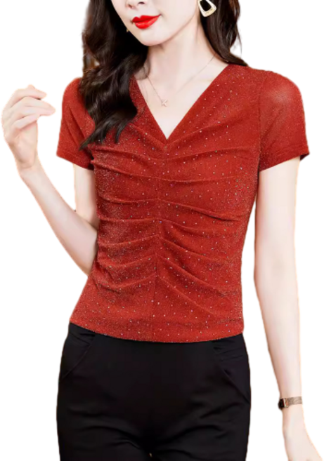 반팔 브이넥 셔링 시스루 망사 스팽글 티 댄스복 상의 Dance wear 뉴타임즈