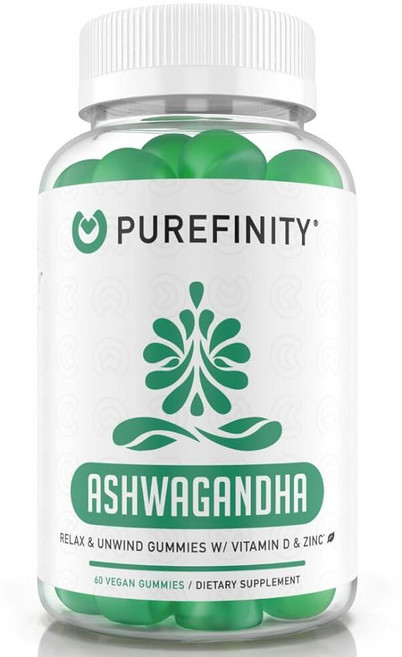 PUREFINITY Ashwagandha 비타민 D 및 아연 함유 젤리 - 휴식 진정 및 기분 지원을 위한 보충제 - 글루텐 프리 GMO 프리 비건 60개, 1개