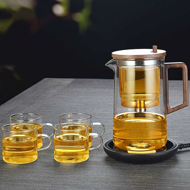 유리 차 주전자 우리기 내열유리 메이커 티포트 거름망 세트, 1개, 호두나무 손잡이 750ml+보온좌+4컵