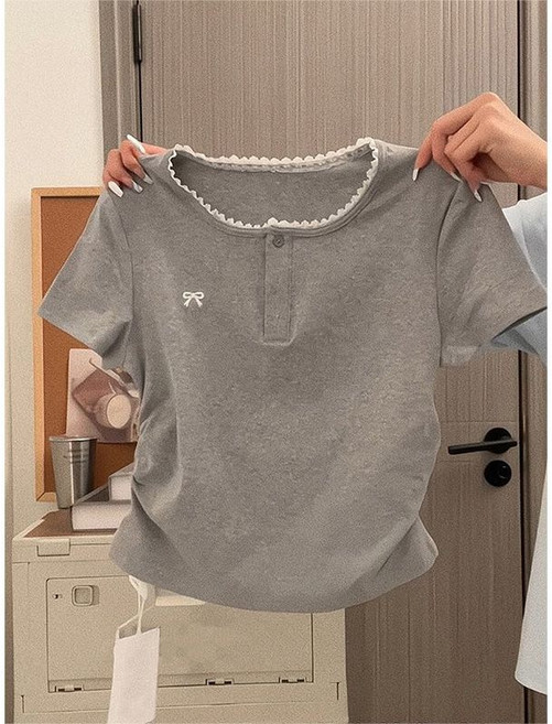 여자 여름 라운드넥 반팔티 레이스 패치 반팔 블라우스 여성 캐주얼 반팔 상의 XHR