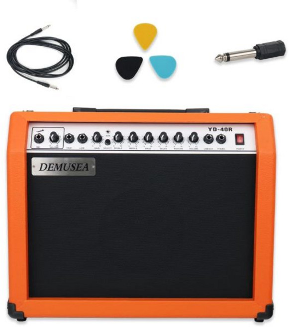 40W 블랙 기타 앰프 콤보 밴드 연습 듀얼 입력 지연 리버브 트레블 미들 베이스 게인 및 마이크를 갖춘 휴대용 앰프.Aux.6.5인치 스피커 110-240V 50-60Hz., D ORANGE