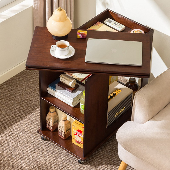 BYOU 다기능 회전 접이식 티테이블 이동식 소형 거실 수납 정리대, 호두 컬러