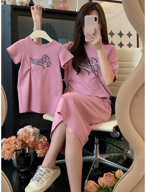 韓版夏季親子裝 女童簡約字母短袖連身裙 媽媽寬鬆休閒親子母女裝, 057粉打結直筒連身裙,130碼(兒童款)