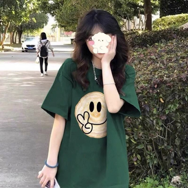 FINE ART 1+1 여자 스마일 프린팅 반팔 티셔츠 빅사이즈 반팔티 오버핏 롱티 100% 순면 라운드티 데일리