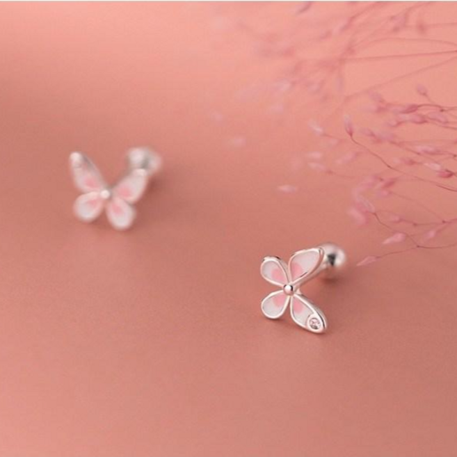 SUMMER韓 925純銀 點鑽花蝴蝶螺紋轉珠耳環 鎖珠式耳環 韓國飾品