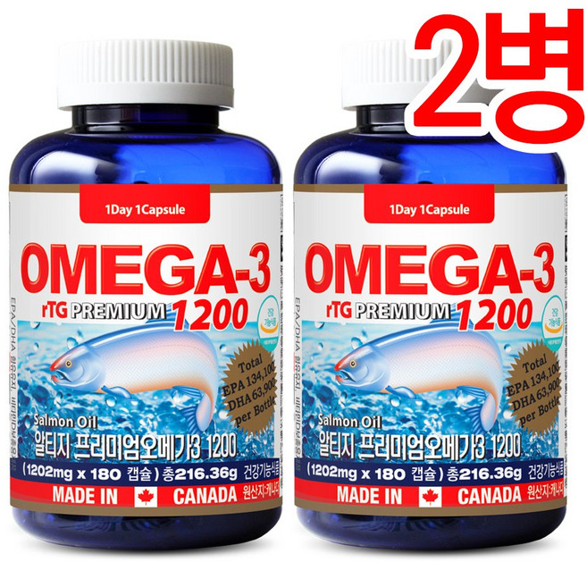 캐나다직수입 통라이프-프리미엄 알티지오메가3-1200+비타민D-6개월분- 2병, 180정, 2개
