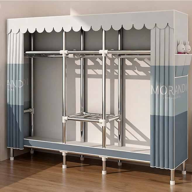 시스슈 조립식 3단 이동식 행거 시스템 강화 철제 프레임 | 대용량 하단 수납공간 & 먼지방지 커튼 장착, 그레이 블루