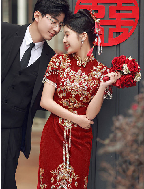中式復古婚宴禮服 秀禾服 旗袍 訂婚敬酒服, 酒紅色,XS, 酒紅色