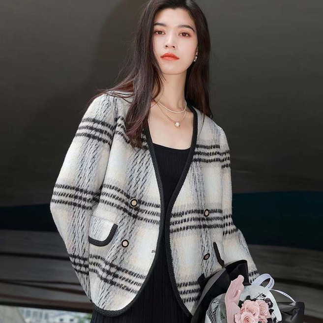 TIMEPURE 가을 여성복 프리미엄 체크 코트 가을 상의 모직 울 코트 오버핏 자켓 명품 스타일 허리라인 체크 포인트 배색 고급